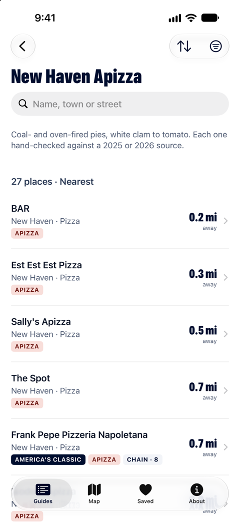 New Haven Apizza list in Connecticut Eats, sorted by distance from the New Haven Green.