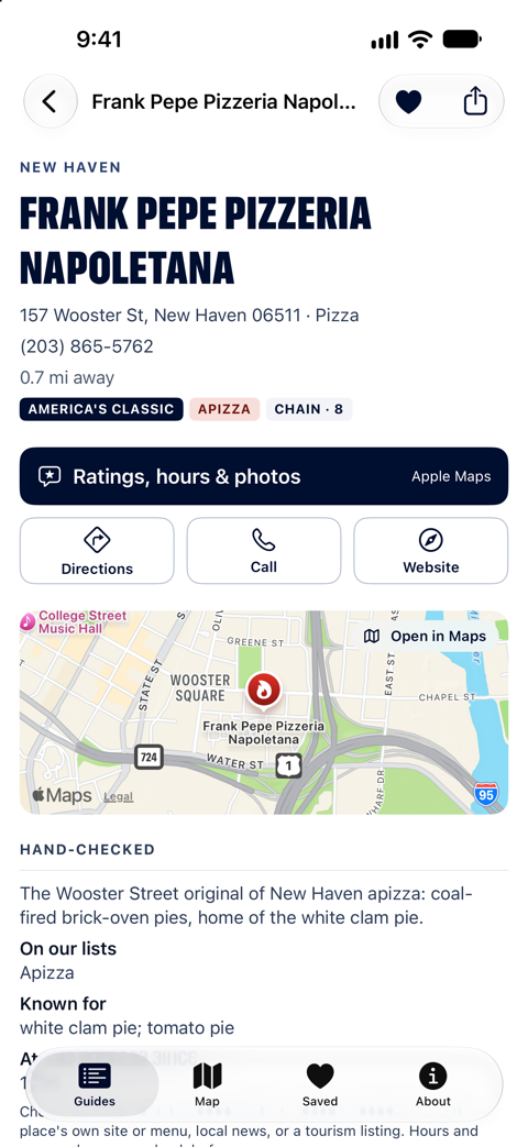 Frank Pepe Pizzeria Napoletana in Connecticut Eats: address, a button for hours and photos in Apple Maps, and its years on Wooster Street.