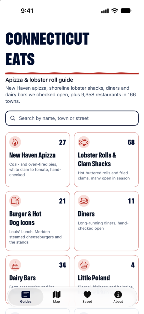 Connecticut Eats home screen: New Haven Apizza, Lobster Rolls & Clam Shacks, Burger & Hot Dog Icons, Diners, Dairy Bars, and Connecticut Icons guides, with a search box for the whole directory.