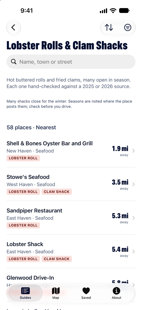 Lobster Rolls & Clam Shacks list in Connecticut Eats, with seasonal shacks labeled.