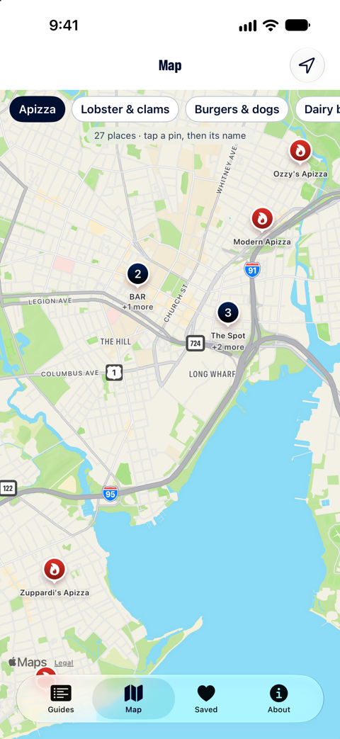 Connecticut Eats map of Connecticut with pins for apizza, lobster rolls, and dairy bars.